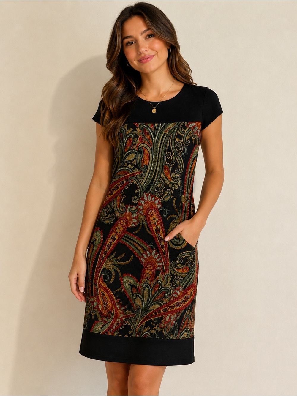 Sandra Darren Black Paisley-Print Short Sleeve Midi Dress